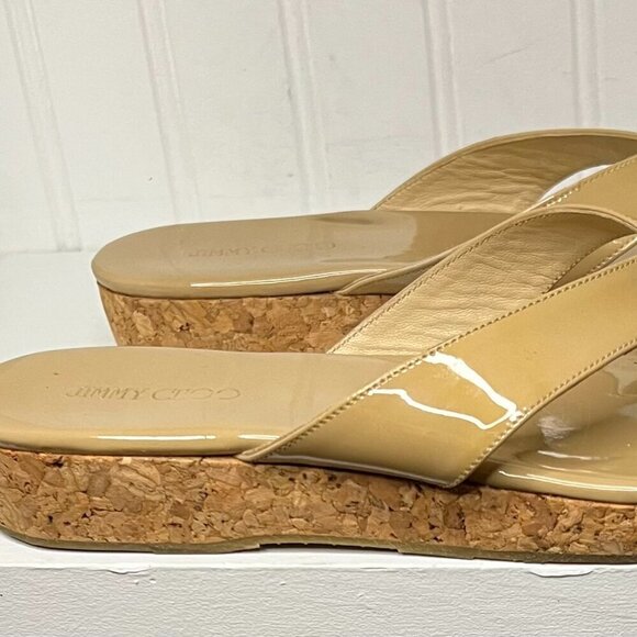 Jimmy Choo Pence Nude Patent Leather Cork Wedge Sandals Size 8.5 - Picture 5 of 6
